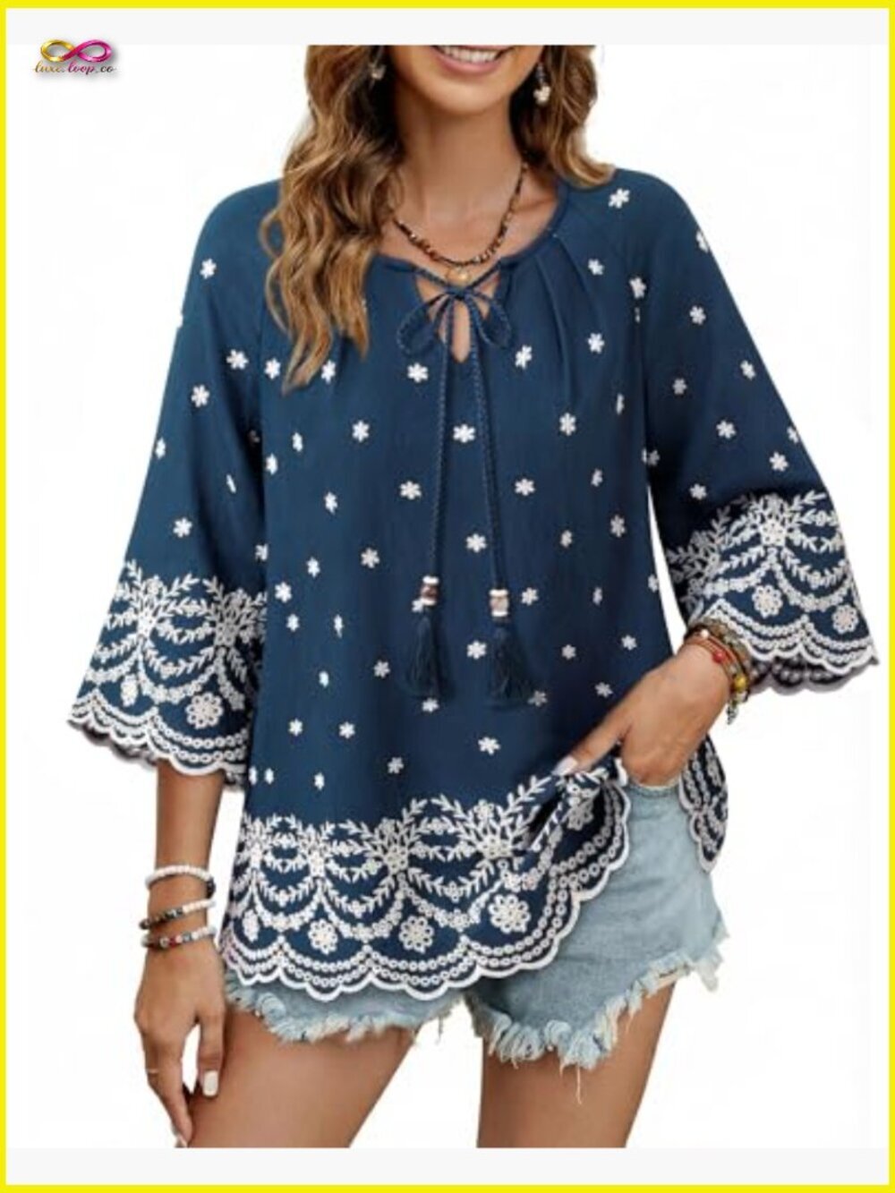 Boho Embroidered Blouse 3/4 Sleeve V Neck Flowy Summer Tunic Top - Picture 2 of 7